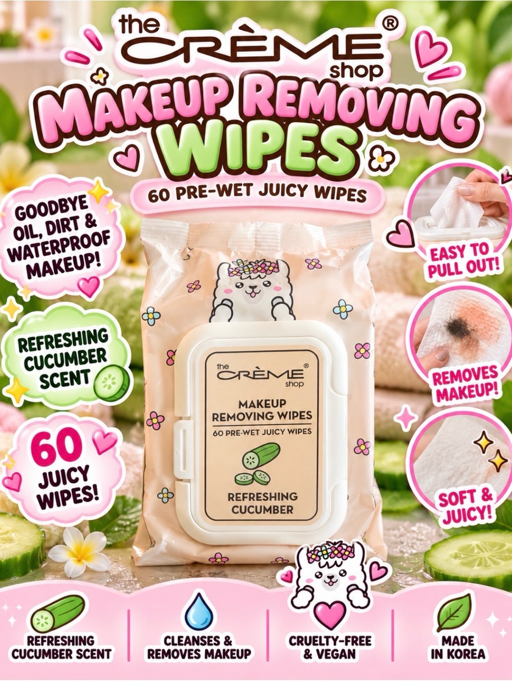 The Crème Shop Refreshing Cucumber Makeup Removing Wipes 60 Pre-Wet Juicy Wipes